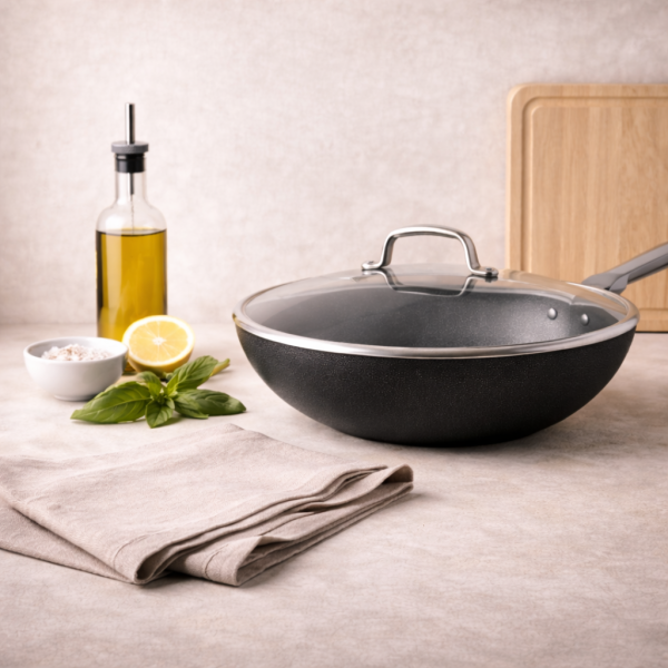 Modern kitchen with frying pan setup